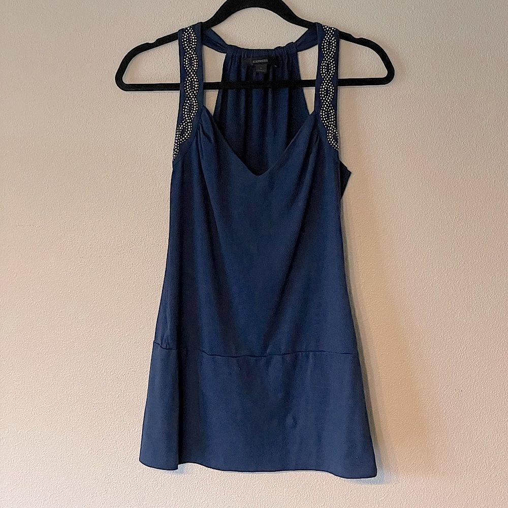Express Navy with Silver, Adjustable Strap, Halter Bank Tank. Size Medium.